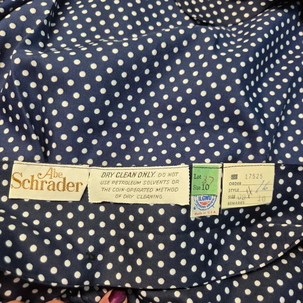 Vintage Abe Schrader Size 10 Navy Blue Polka Dot Peal Ruffle Long Dress - Picture 9 of 9